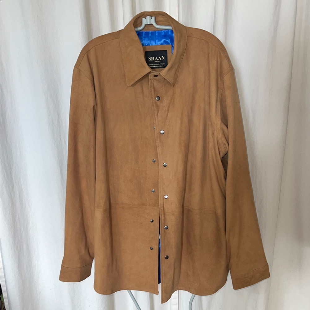 Shaan Mens Tan Suede Jacket Shirt snaps nwot XL lined
